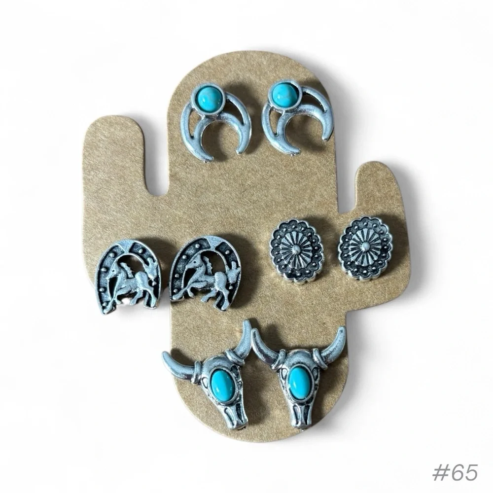 Turquoise and Silver Western Rodeo Earrings Set, horse shoe, cow skull